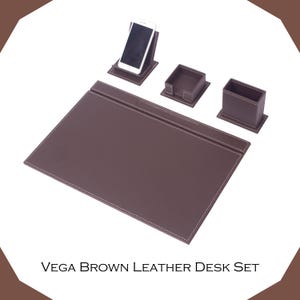 Compact Handmade Leather Desk Set – 4-Piece Elegant Office Organizer with White Stitching