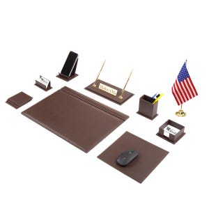Luxury Leather Desk Organizer Set: Custom Nameplate, Flagpole - 12 Piece VENUS