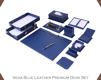 Handmade Leather Desk Organizer Set: Gold & Wood Accents, Executive Office