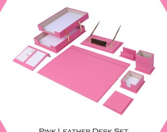 Handmade Leather Desk Organizer Set: 10-Piece Office Accessories