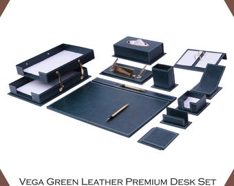 Handmade Leather Desk Organizer Set: Gold & Wood Accents, Executive Office