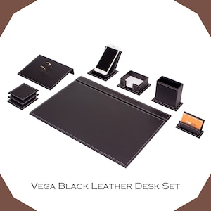 Classic Black Leather Desk Set – Handcrafted Office Organizer with Stylish White Stitching
