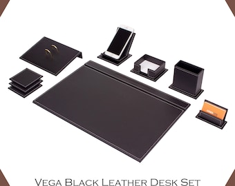 Classic Black Leather Desk Set – Handcrafted Office Organizer with Stylish White Stitching