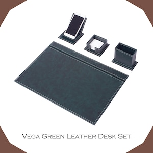 Compact Handmade Leather Desk Set – 4-Piece Elegant Office Organizer with White Stitching