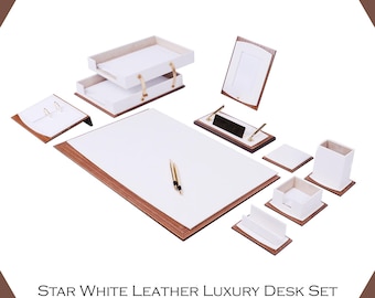 Luxury Leather Desk Organizer Set: Handmade Wood & Gold Office Decor