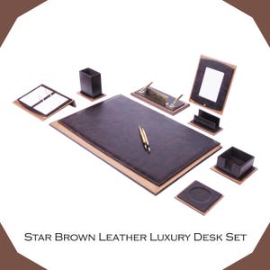 Handmade Leather Desk Organizer Set: Eco-Friendly Wood & Gold Accents