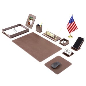 Luxury Leather Desk Organizer Set with Custom Nameplate - 11-Piece Professional Office Gift