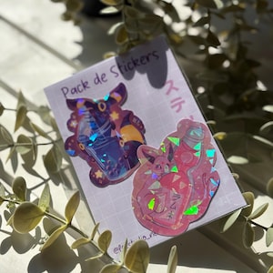 Pack de stickers Pokémon - Noctali et Mentali - Ramune - Boba - mignon inspiré de pokemon - stickers holographiques - rose et violet