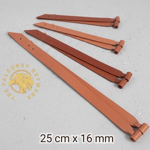 May include: Four leather straps in varying shades of brown, arranged diagonally. Each strap has a rounded end and a series of holes. The text "25 cm x 16 mm" is visible at the bottom. The Falconry Network logo is also visible.