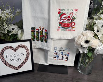 Christmas Flour Sack Towel, Organic Cotton, Penguin, Pickles, Snowman Designs