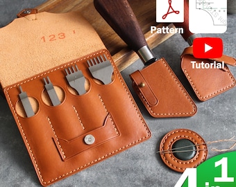 May include: A leathercraft tool set with a brown leather case containing various metal tools. The set includes a wooden-handled knife, a stitching groover, and a round leather piece. The text "123", "Pattern", and "Tutorial" are visible.