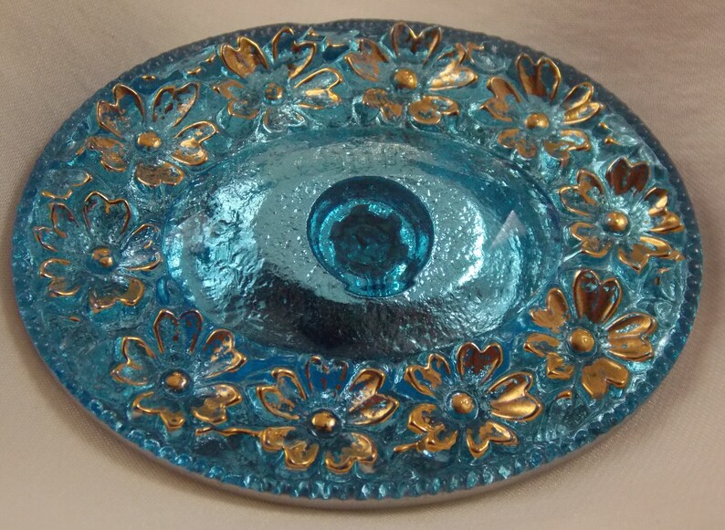 Oval Foil Back Glass Button Floral 49x39mm Gold Aqua 1