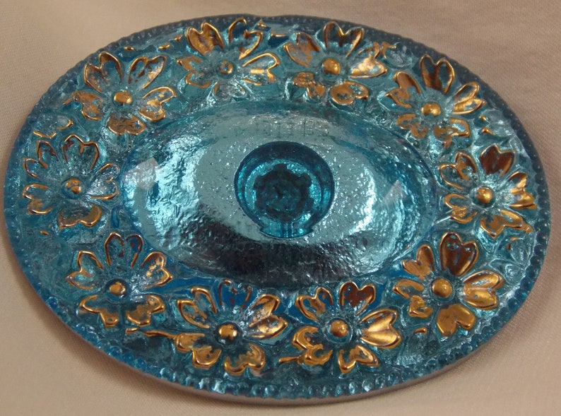 Oval Foil Back Glass Button Floral 49x39mm Gold Aqua 1