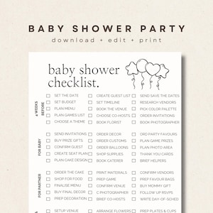 Może przedstawiać: Drukowna lista kontrolna baby shower na białym papierze z czarnym tekstem i ilustracją balonów. Dokument zawiera sekcje na 4 tygodnie przed, dla dziecka i dla partnera, z polami wyboru dla różnych zadań do wykonania przed imprezą.