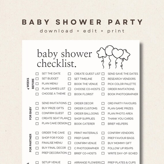 Baby Shower Party Checklist - Party Planning Guide for Hosts (Digital Download)