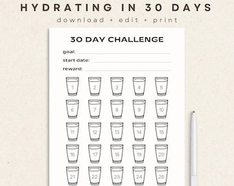30日間水分補給チャレンジ - 印刷可能な毎日の水分摂取量トラッカー（デジタルダウンロード）