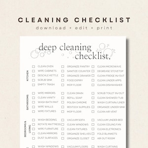 May include: A printable cleaning checklist with the words "CLEANING CHECKLIST" at the top. The checklist includes tasks for the kitchen, bathrooms, bedrooms, and living areas. The words "deep cleaning checklist" are in a decorative font.