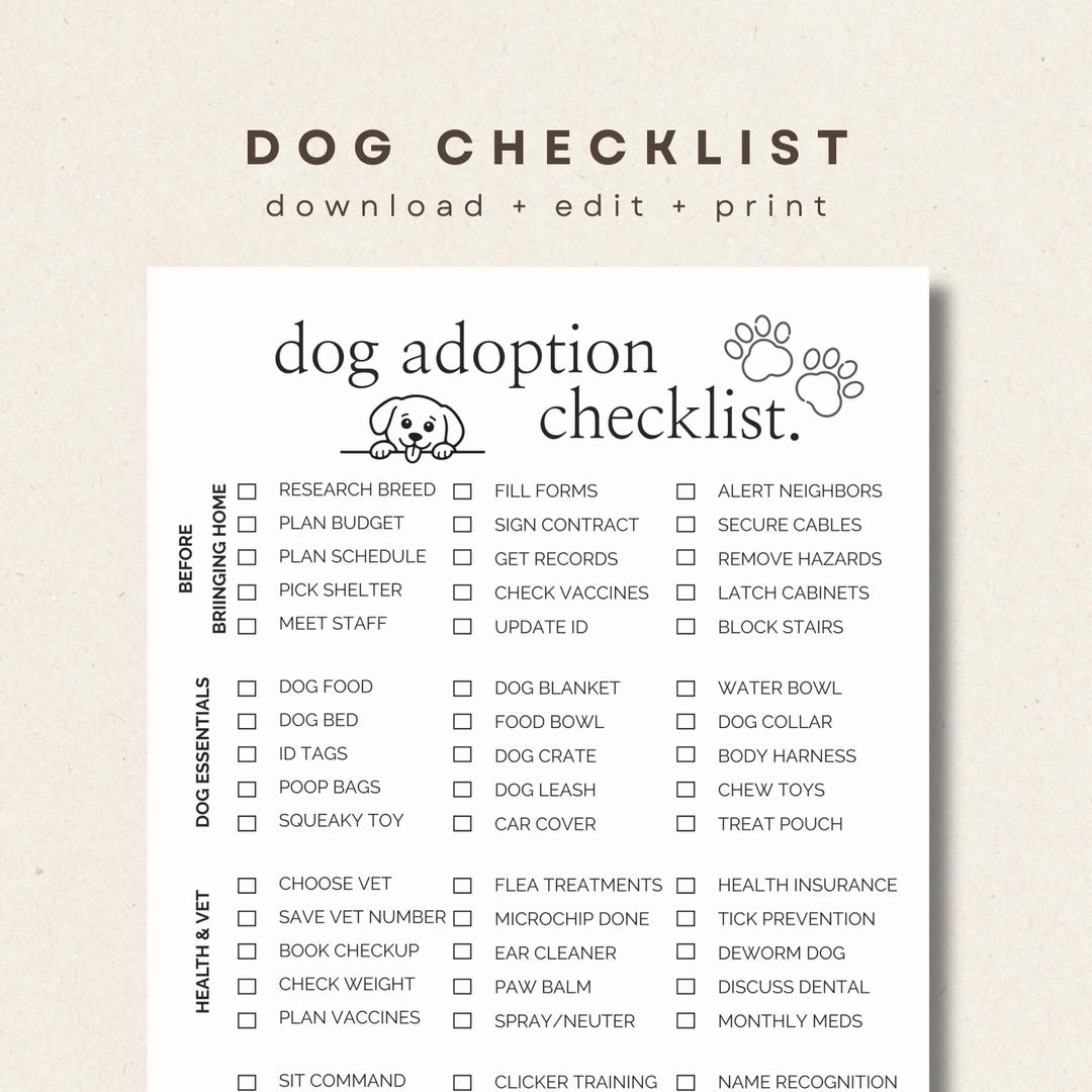 New Dog Owner Checklist - Printable Dog Adoption Essentials & Pet Setup ...