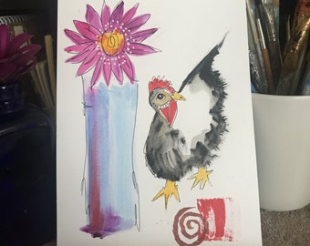 Folk Art Watercolor Painting of Chicken with a Blue Vase and Flower