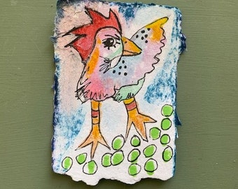 Tiny Folk Art Chicken with Red Comb Artist Trading Card