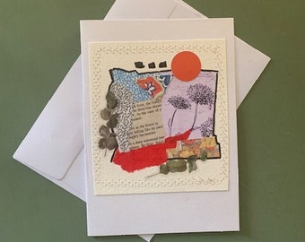 Original Collaged  and Stitched Blank Art Card with envelope