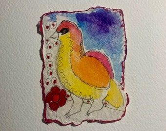 Small Art ATC Folk Art Colorful Watercolor Bird Artist Trading Card