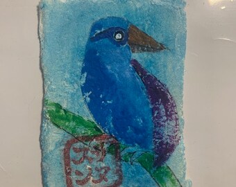 Tiny Art Blue Bird on Handmade Watercolor Paper Artist Trading Card