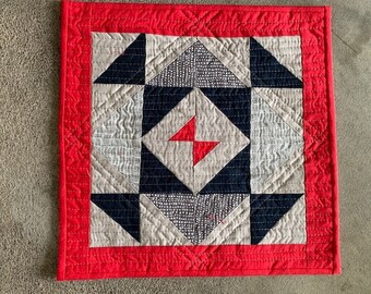 Textile Art Polygon Quilted Wall Hanging or Table Topper  in Red, Black and Grey