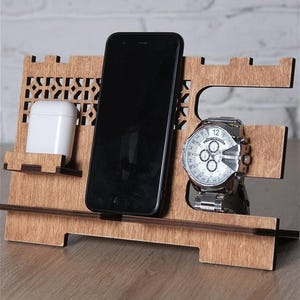 Stylish Multipurpose Stand for Phone, Watch and Headphones - Personalized Wooden Stand - Desk Organizer for Office and Home.