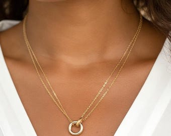 Dainty Gold Interlocking Circle Necklace, Double Ring Pendant