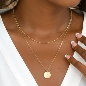 Dainty Gold Layered Necklace Set of 2, Chain Choker and Disc Pendant, Personalized Minimalist Jewelry for Layering, Perfect Gift For Her