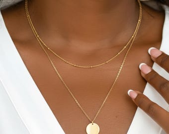 Delicata collana a strati in oro, set da 2, girocollo a catena e ciondolo a disco, gioielli minimalisti personalizzati per strati, regalo perfetto per lei