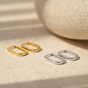 Dainty Rectangular Huggie Hoop Earrings, Oval Geometric Hoops Gold Minimalist Jewelry Gift for Her, JE13
