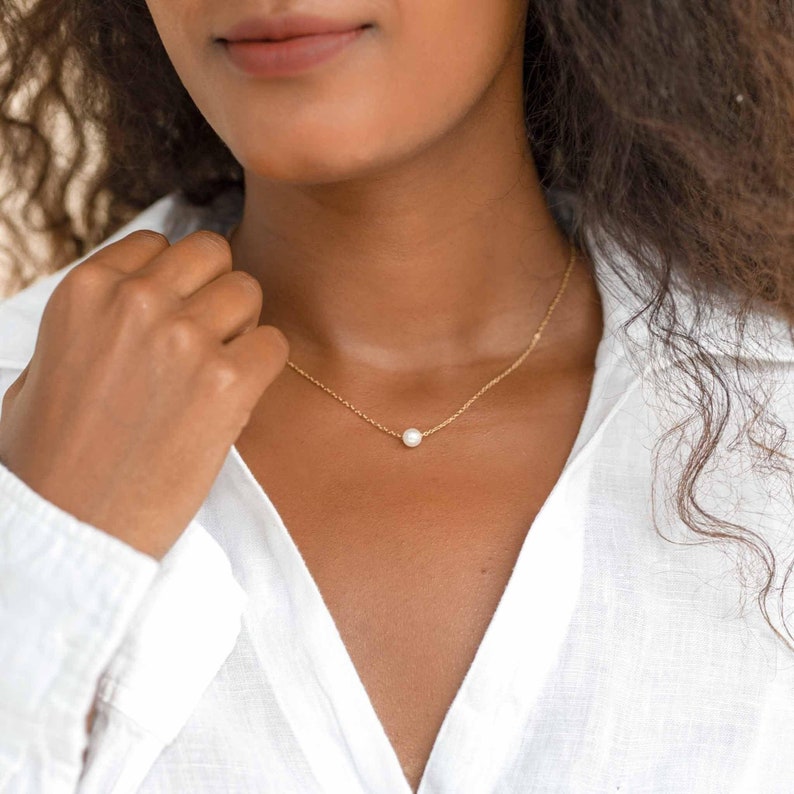 Tiny Pearl Necklace For Her, Floating Single Pearl Choke, Bridesmaid Necklace Gift, Everyday Necklace, Gold Minimalist Jewelry Gift for mom - Grace & Gift