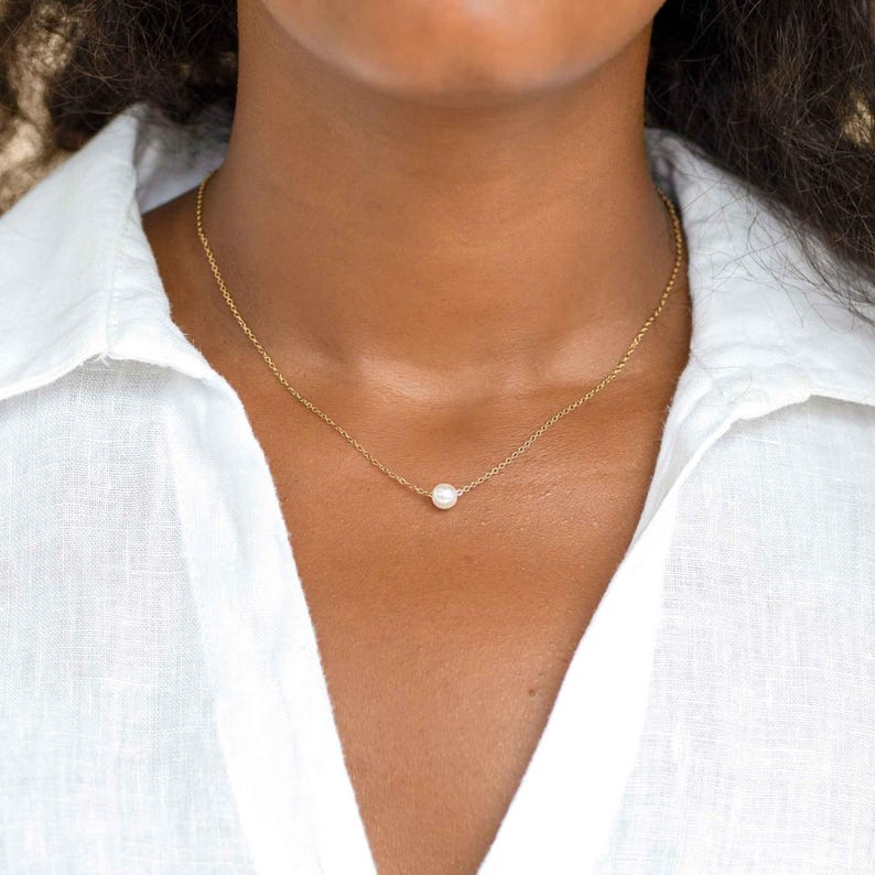 Tiny Pearl Necklace For Her, Floating Single Pearl Choke, Bridesmaid Necklace Gift, Everyday Necklace, Gold Minimalist Jewelry Gift for mom - Grace & Gift
