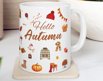 Diseño de taza de sublimación "Hola Otoño": Patrón otoñal acogedor (PNG)