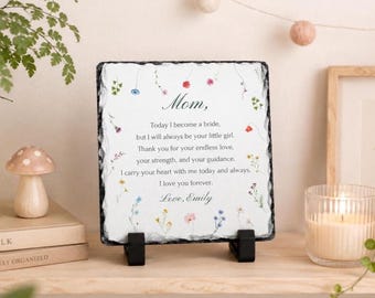 Custom Floral Natural Stone Plaque Mother of the Bride, Personalized Keepsake From Daughter, Sentimental Mom Wedding Day Sign, Unique Bride