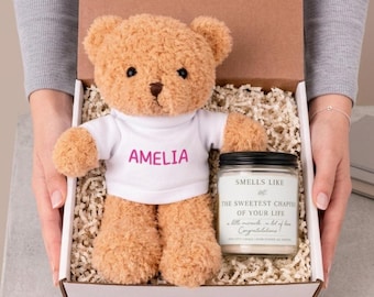 Personalized New Parents Gift Box, New Mom and Dad Gift, Teddy Bear and Candle Gift Set, New Baby Keepsake,Pregnant Women, Expecting Parents