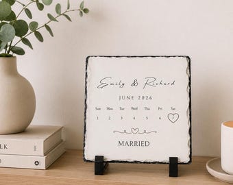 Personalized Wedding Date Natural Stone Plaque, Custom Married Calendar Memory Keepsake, Marriage Gift Ideas For Couple, Newlywed Desk Decor