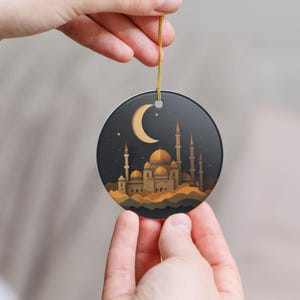 Ornement du Ramadan Ornement en céramique - Impression recto-verso - Décoration du Ramadan - Eid Mubarak - Ramadan Kareem - Décoration d'intérieur musulmane - Mosquée - Croissant de lune