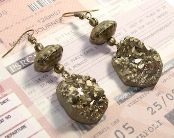 Gold Druzy Dangle Earrings - Global Style Boho Festival Jewelry