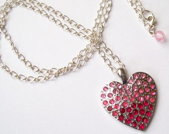 BLUSH -Pink Gradient Rhinestone Heart Necklace - Opera Length Pendant Necklace - Valentine's Day Jewelry