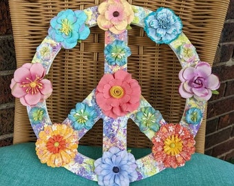 Flower Power Peace Sign - Hand painted Boho Decor - Floral Wall Art