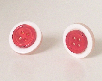 Red & White Post Earrings - Button Jewelry - Repurposed Vintage