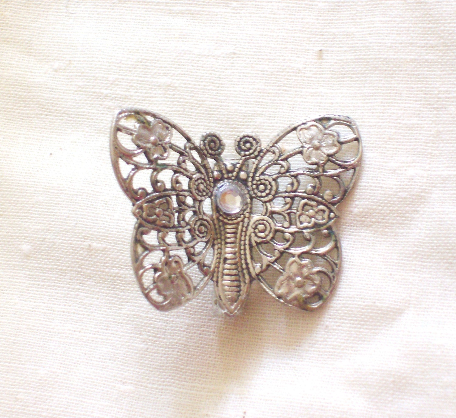 Vintage Filigree Butterfly Pin Brooch with Rhinestone
