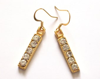 GOLD BAR - Linear Dangle Earrings with Rhinestones