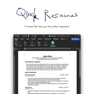 Peut inclure: Un curriculum vitae numérique affiché sur un écran d'ordinateur portable. Le CV comprend le texte "Quick Resumes" et "A resume that saves you time without compromise." Le CV détaille l'expérience professionnelle et les compétences.
