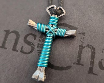 Wire Wrapped Horseshoe Nail Cross Necklace (Striped) | Rustic Handcrafted Artisan Pendant