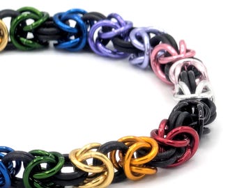 Rainbow Chainmaille Bracelet | Stretchy Pride Flag Wristband | LGBTQ+ Artisan Jewelry | Handwoven Byzantine Aluminum & Rubber