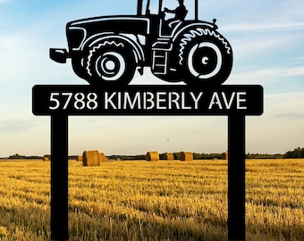 Plaque d&#39;adresse personnalisée pour tracteur, cadeau pour papa agriculteur, piquet de jardin de ferme personnalisé, cadeau pour papa propriétaire de tracteur, plaque d&#39;adresse en métal en métal pour maison de campagne